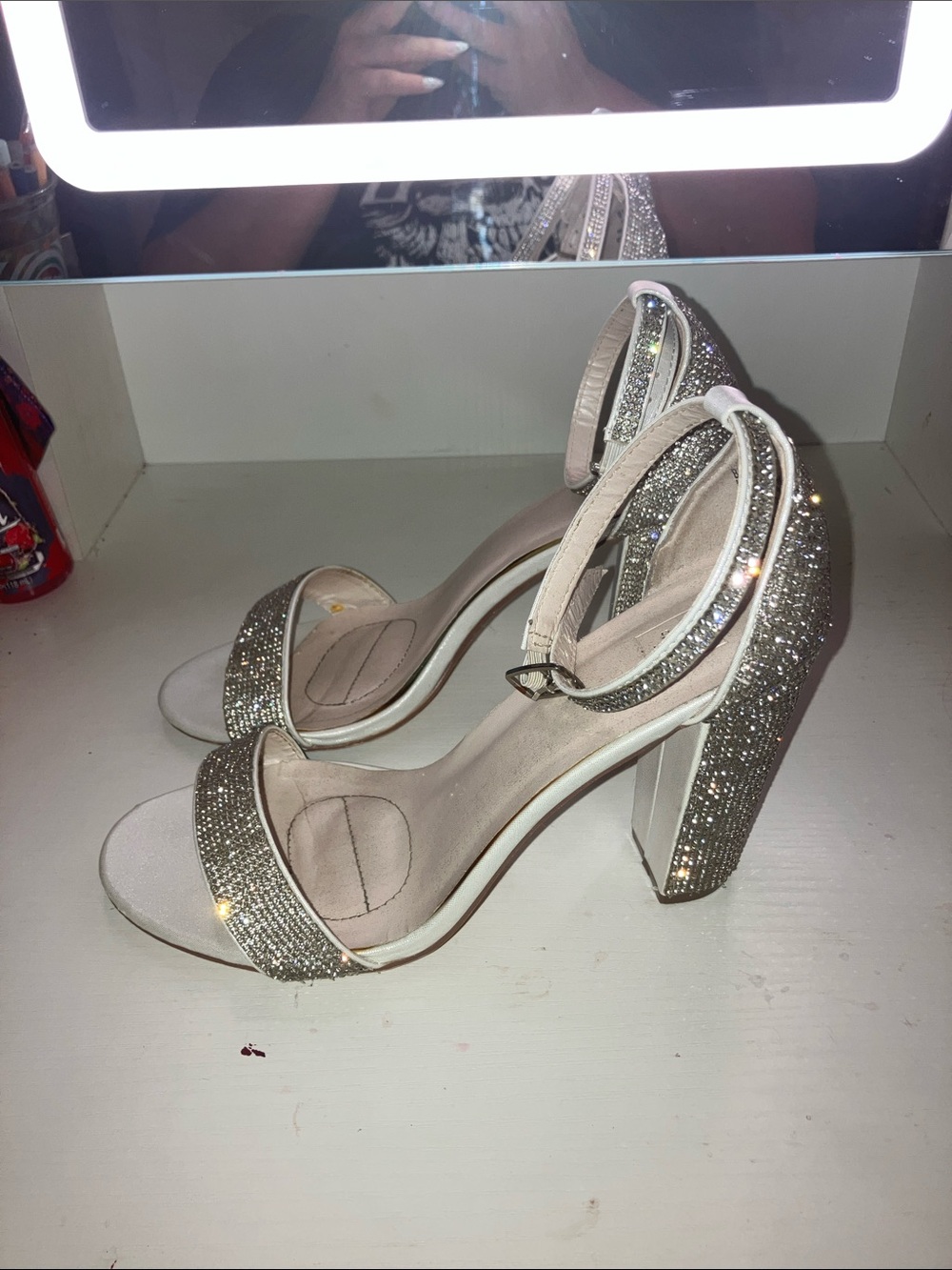 David's Bridal Sparkling Champagne Block Heel Ankle-Strap Sandals